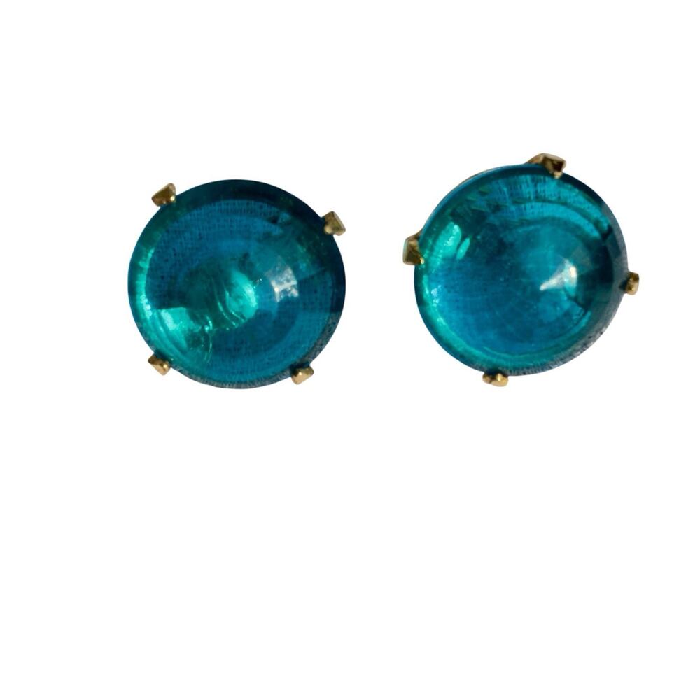 Stunning Vibrant Vintage STAR Teal Blue Glass Cabochon Gold Tone Clip-On Earring